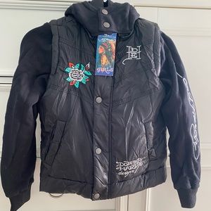 Ed Hardy NWT Girls Sz XL Black Puffer Jacket-Vest Detachable Hood & Slee…